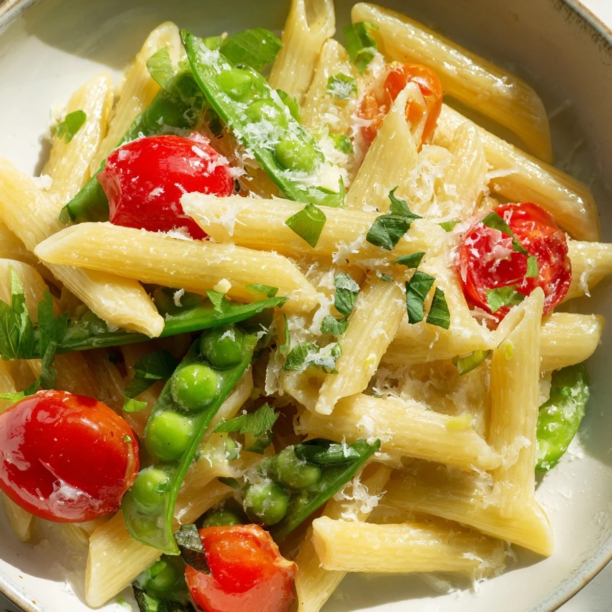 Colorful Pasta Primavera loaded with tender crisp vegetables in a light garlic lemon sauce