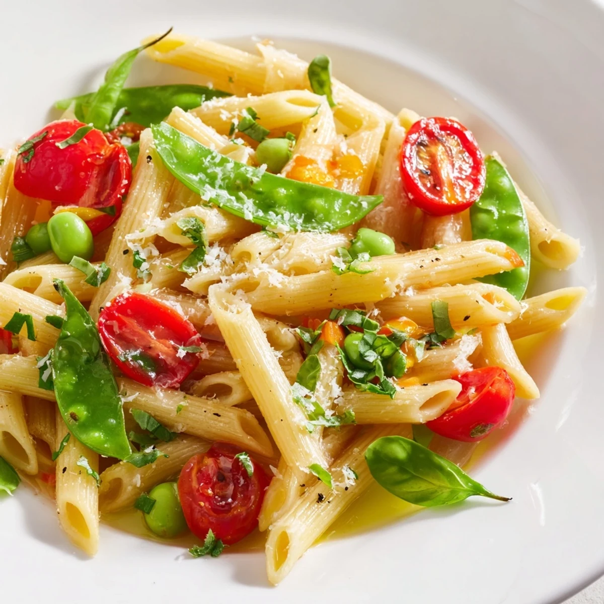 Creamy Pasta Primavera tossed with vibrant spring vegetables and fresh herbs on white plate