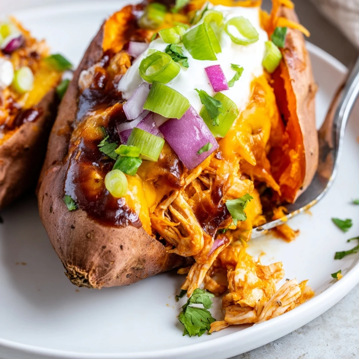 Tender roasted sweet potato split open and piled high with smoky BBQ chicken and melted cheddar cheese
