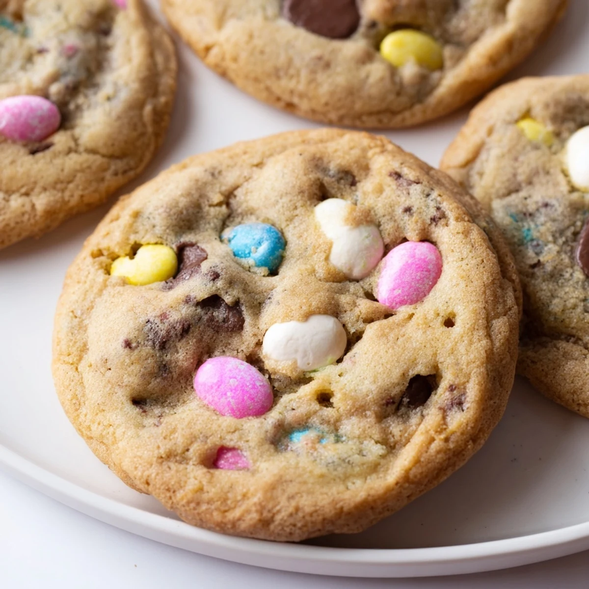 Soft chewy Cadbury Egg Cookies with colorful candy pieces and melted chocolate chips