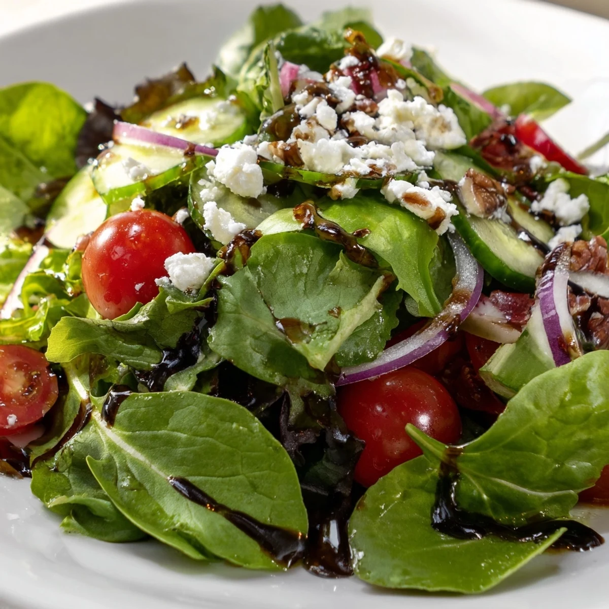 A bright spring mix salad topped with cherry tomatoes, cucumber, and crumbled feta on a rustic wooden serving bowl