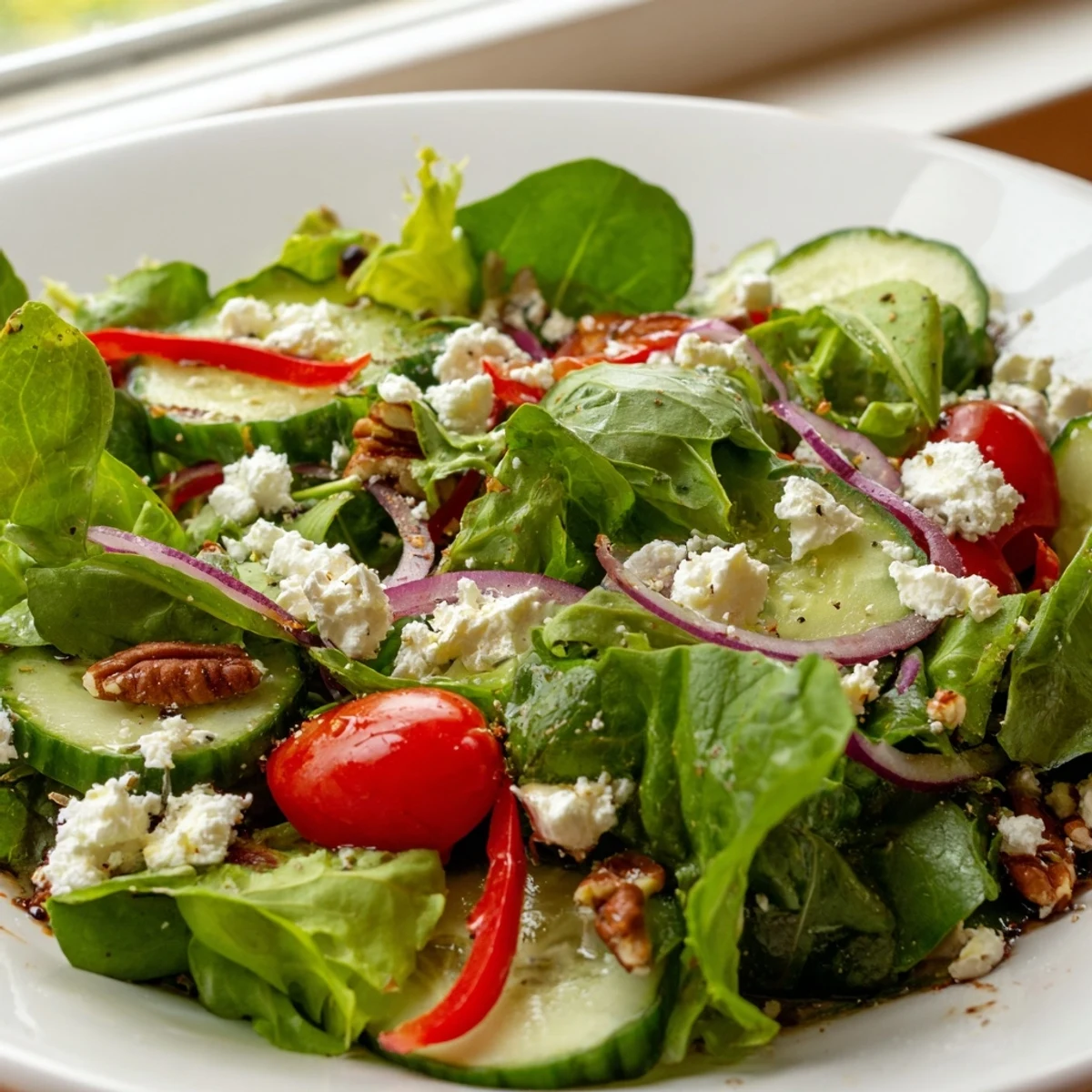 Tender spring greens tossed with sliced bell pepper, red onion, and a glossy balsamic vinaigrette dressing