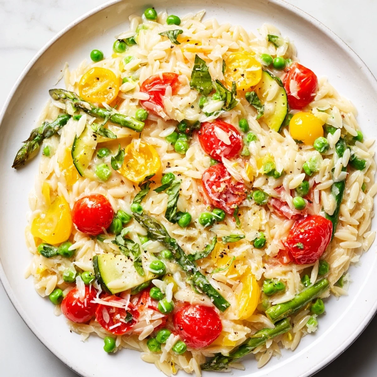 Creamy Orzo Primavera tossed with colorful spring vegetables and fresh herbs in a skillet
