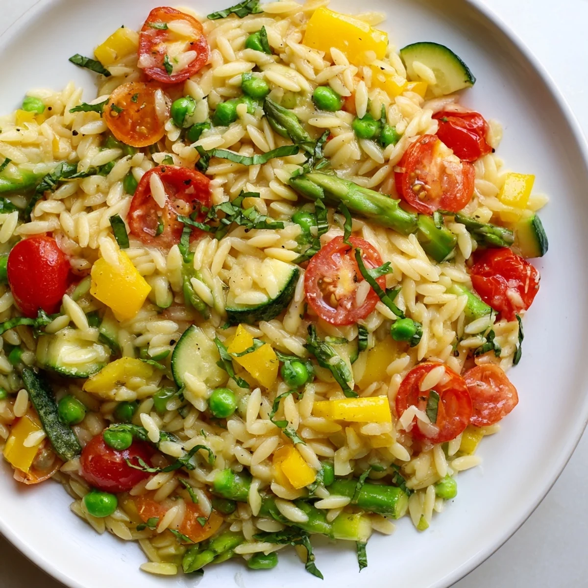 Orzo Primavera served in a white bowl with bright green asparagus and cherry tomatoes