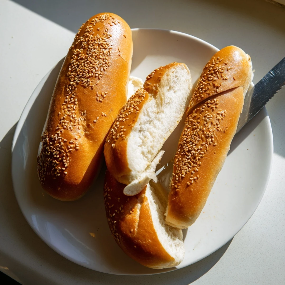 Golden sourdough discard hot dog buns fresh from the oven with sesame seed topping