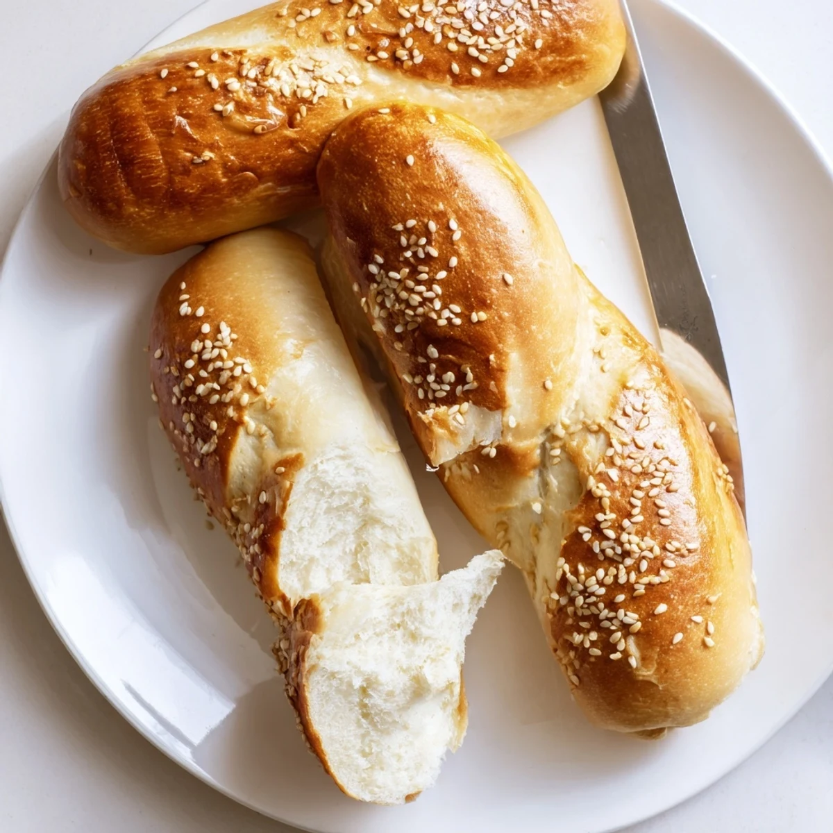 Soft homemade sourdough discard hot dog buns arranged on a wooden cutting board