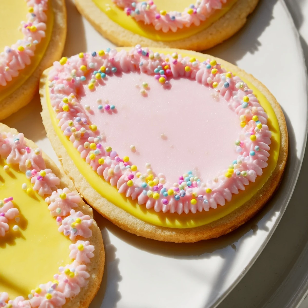 Colorful Spring Easter cookies decorated with pastel pink yellow and green swirled icing on rustic wooden board