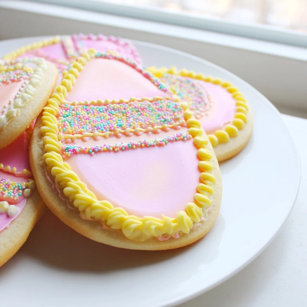 Buttery Spring Easter cookies shaped like bunnies and eggs arranged on white serving platter with sprinkles