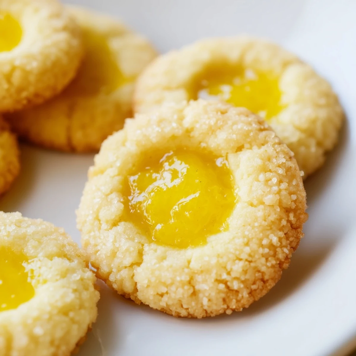 Golden lemon curd cookies with gooey centers dusted in powdered sugar on rustic parchment paper.