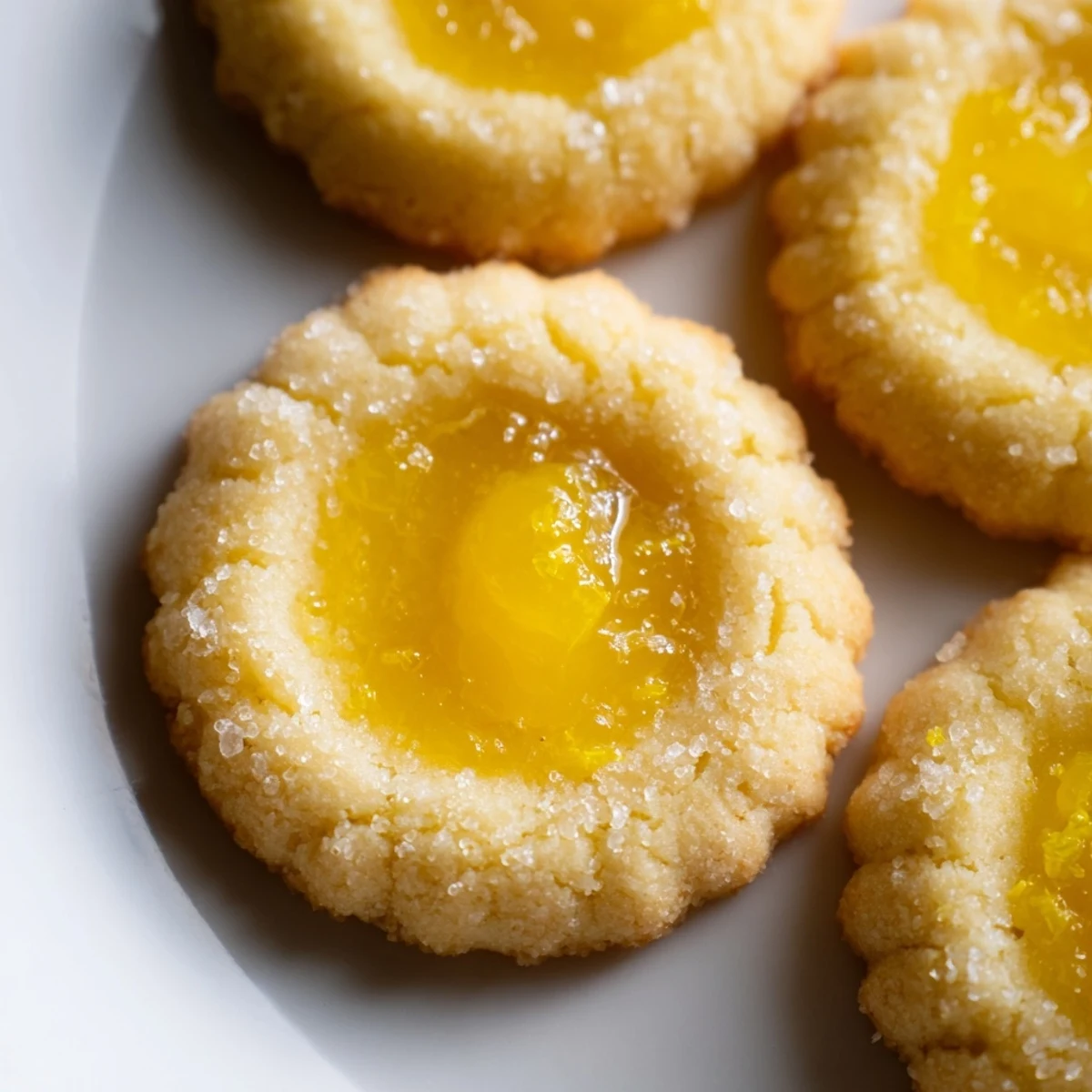 Buttery thumbprint cookies filled with bright yellow lemon curd, freshly baked until edges turn golden.