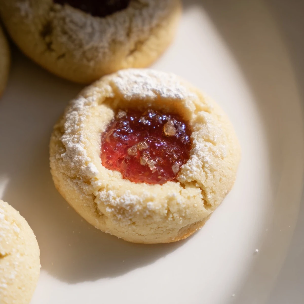 Golden flower jam thumbprint cookies with jewel-like centers on a rustic white plate