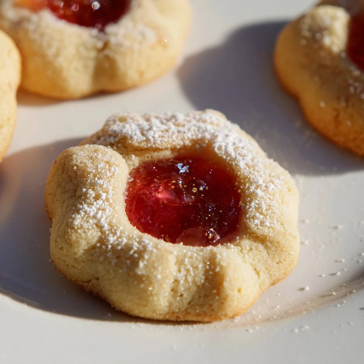 Buttery flower jam thumbprint cookies dusted with powdered sugar ready for serving