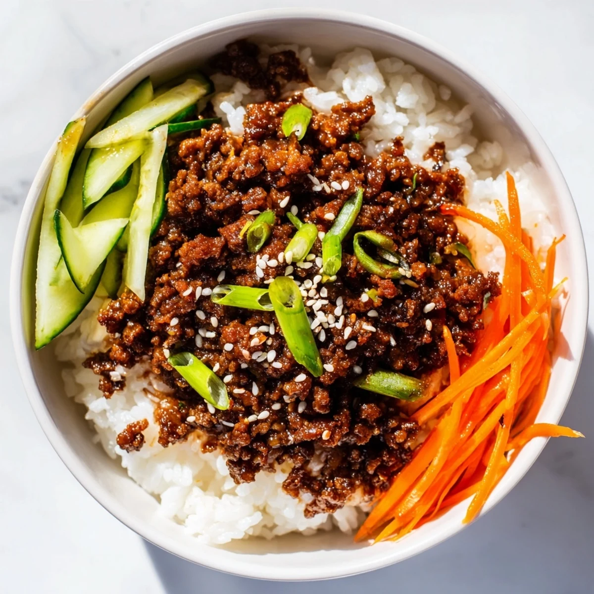 Korean beef bowls with caramelized ground beef and crisp vegetables over fluffy white rice
