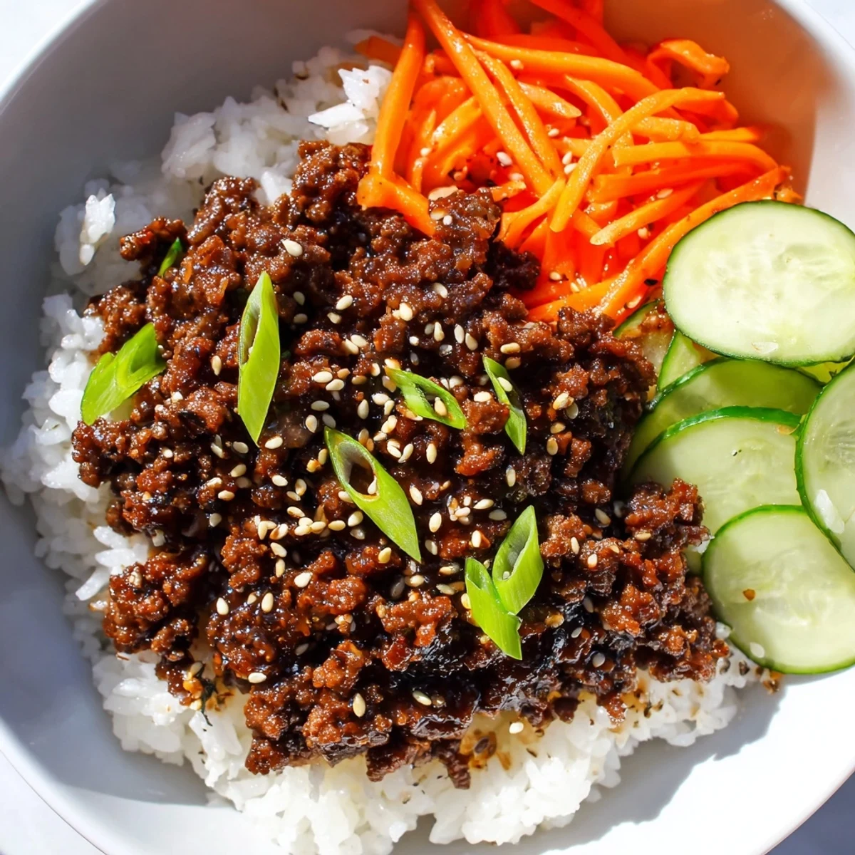Savory Korean beef bowls topped with sesame seeds scallions and fresh cucumber slices