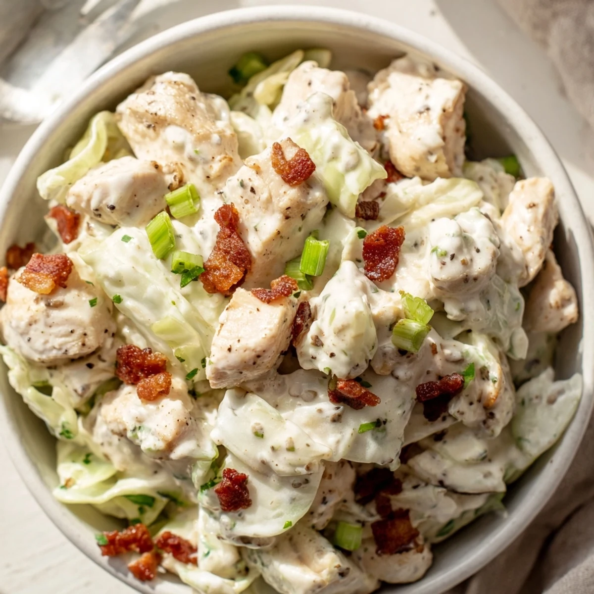 Creamy chicken bacon ranch cabbage bowls topped with melted cheddar and fresh green onions