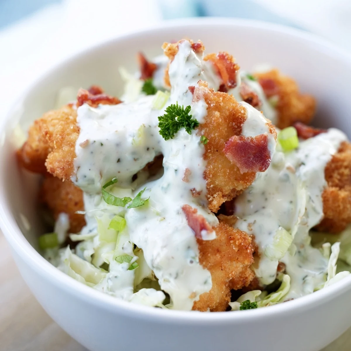 Tender chicken and crispy bacon tossed in creamy ranch sauce over sliced green cabbage