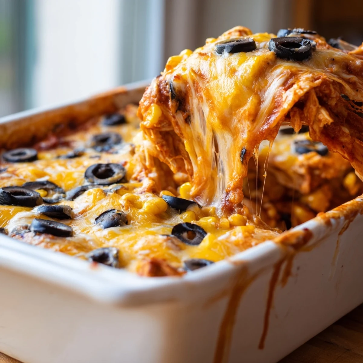 Golden bubbly cheese tops this cheesy shredded chicken enchilada bake fresh from the oven