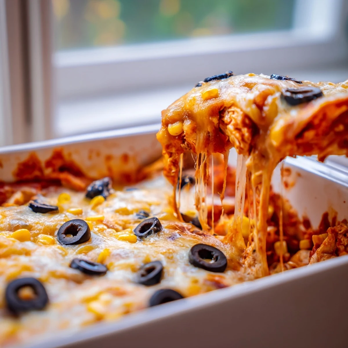 Creamy melted cheese blankets layers of cheesy shredded chicken enchilada bake with black beans and corn
