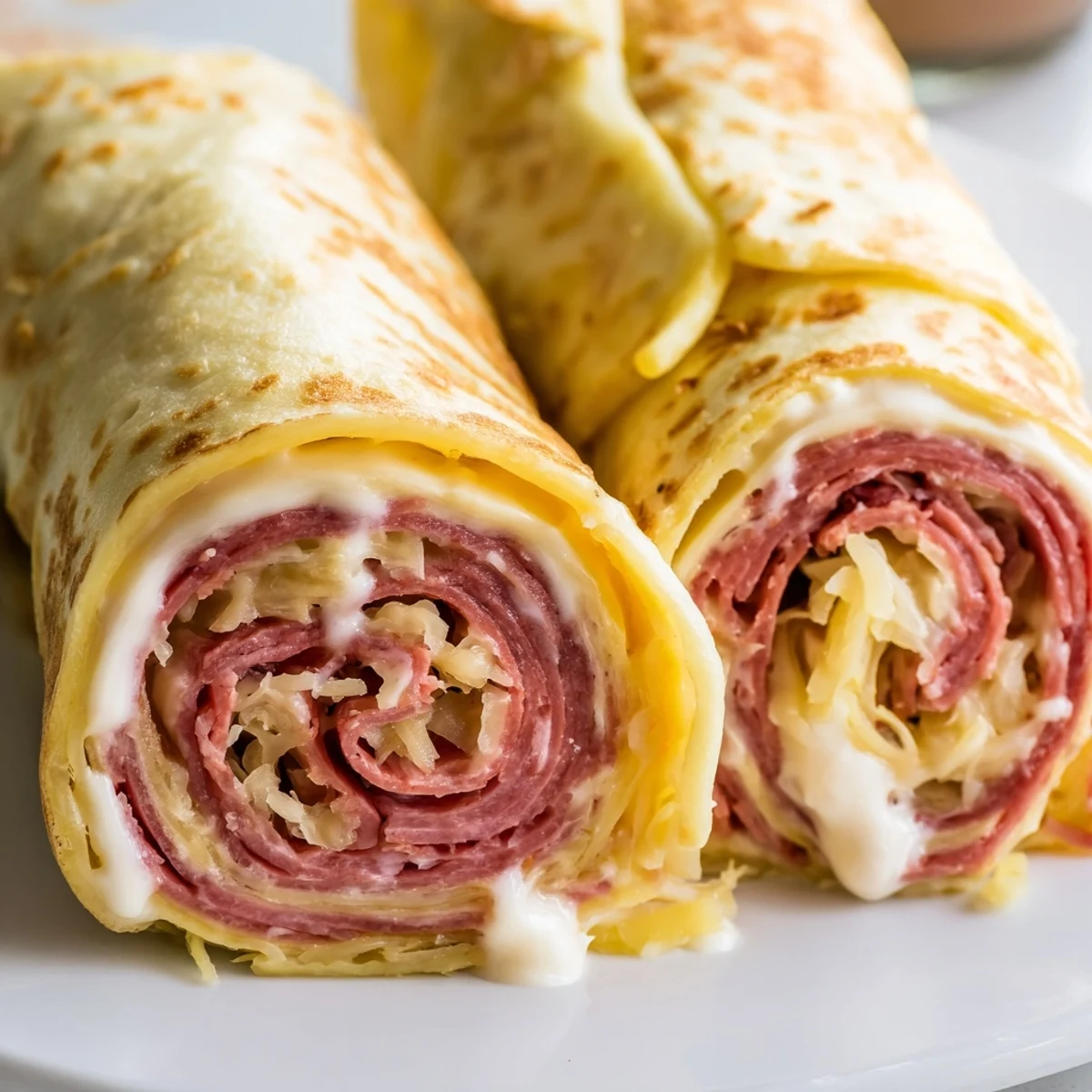 Golden Low Carb Reuben Egg Roll Ups filled with melty Swiss cheese and tangy sauerkraut