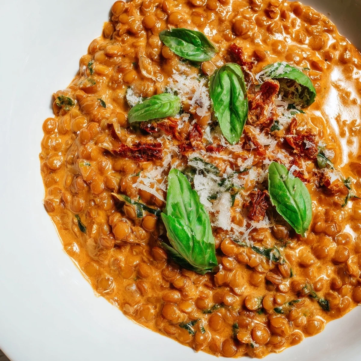 Creamy Marry Me Lentils in rich sun-dried tomato sauce topped with fresh basil garnish