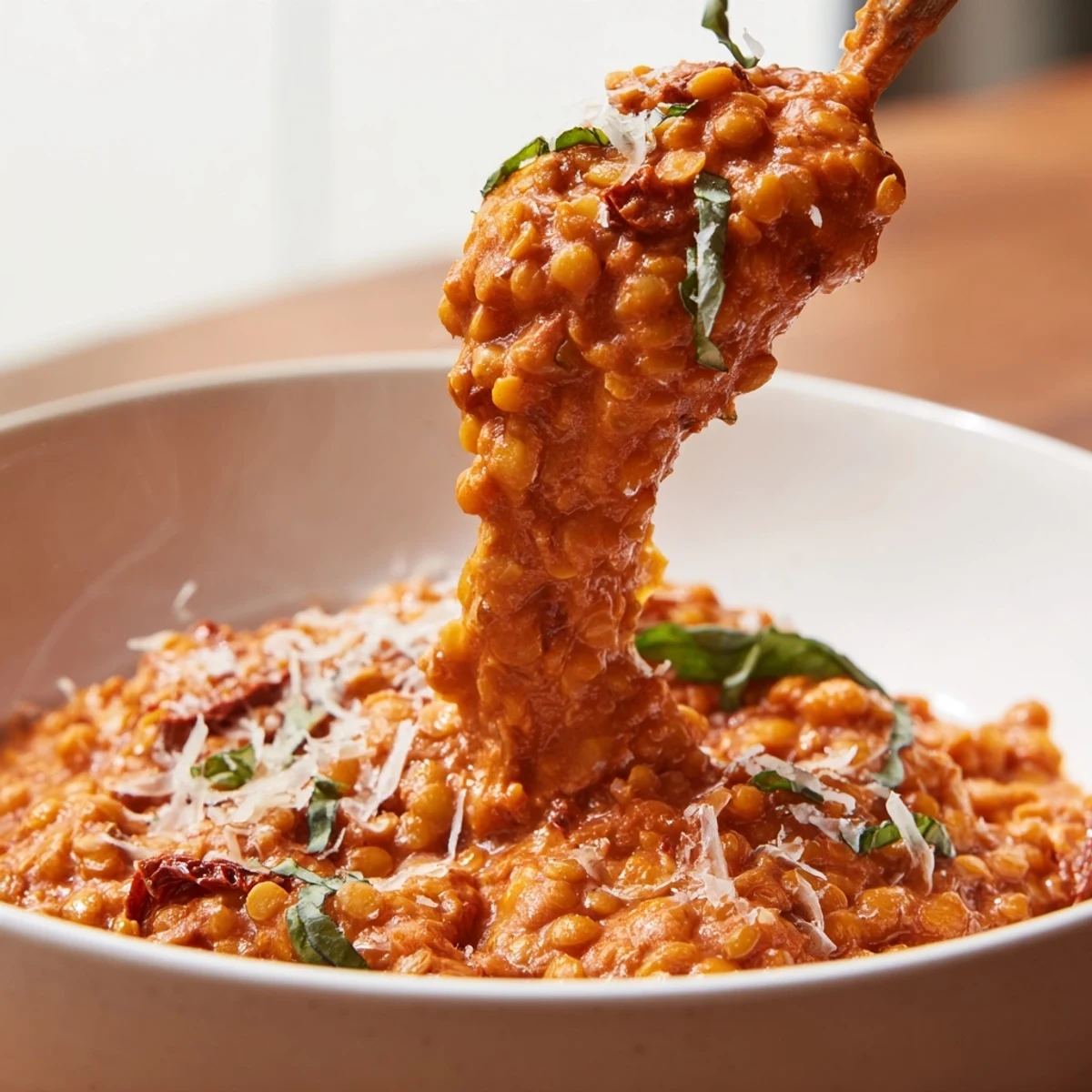 Warm bowl of Marry Me Lentils coated in velvety cream sauce with aromatic herbs