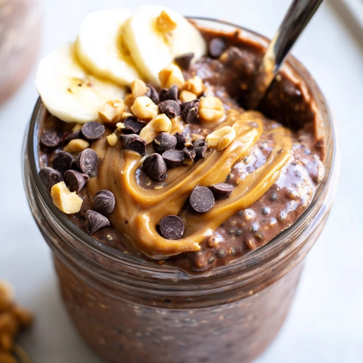 Creamy chocolate peanut butter overnight oats topped with chocolate chips in a mason jar