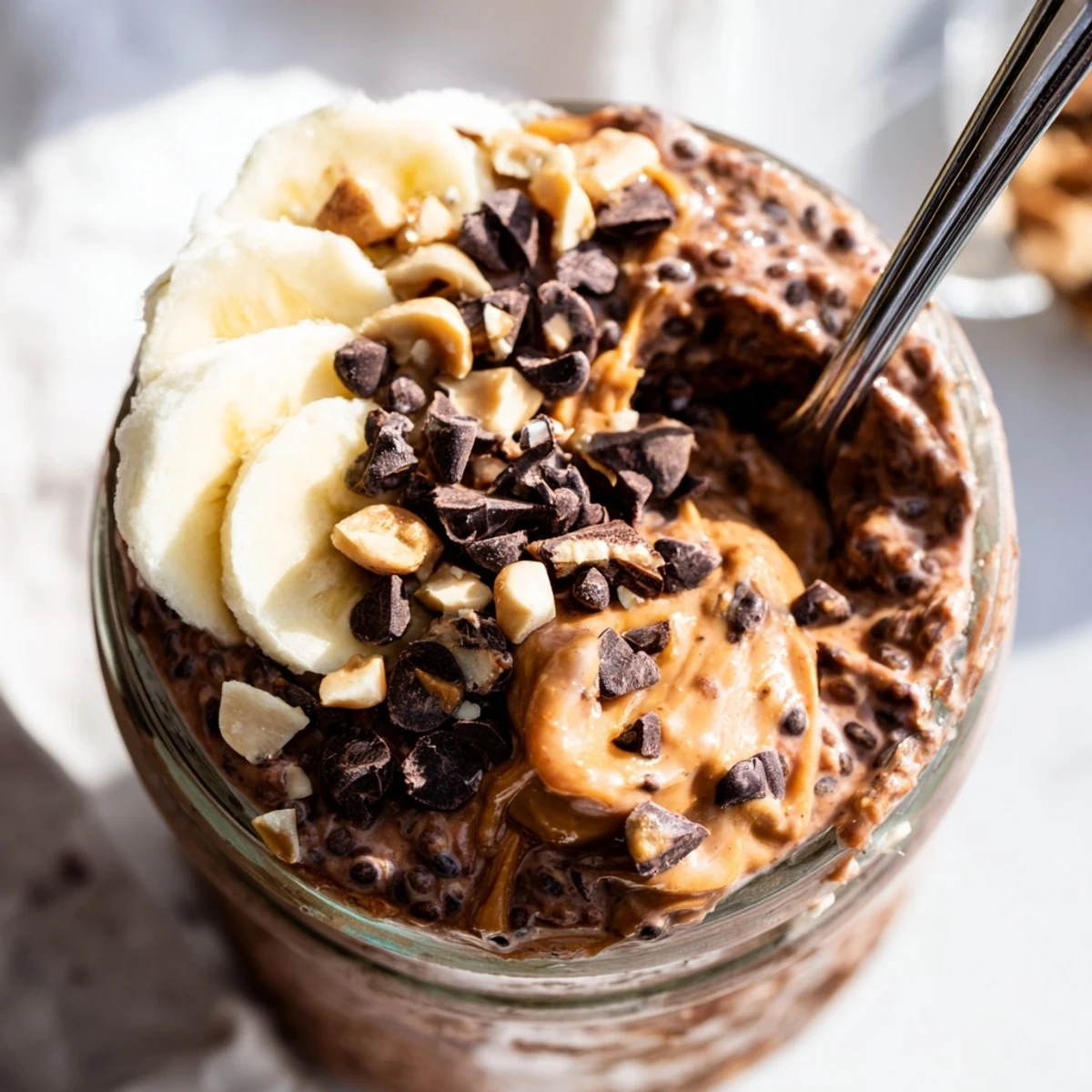 Thick chocolate peanut butter overnight oats served in a bowl with sliced banana toppings