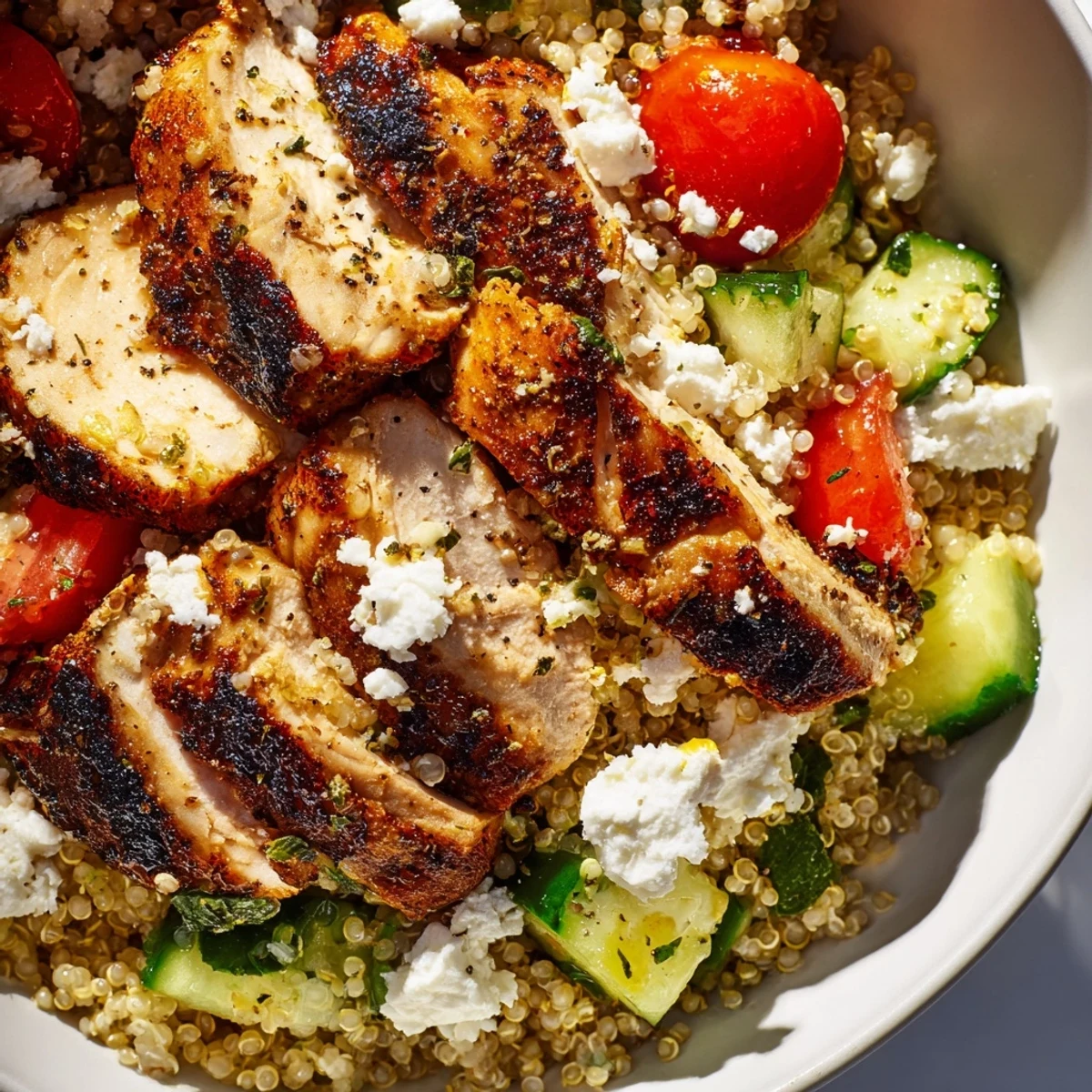 Grilled Mediterranean chicken quinoa bowl topped with fresh vegetables and crumbled feta cheese