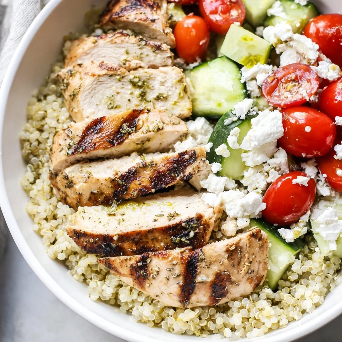Colorful Mediterranean chicken quinoa bowl with crisp cucumbers tomatoes olives and tangy lemon dressing