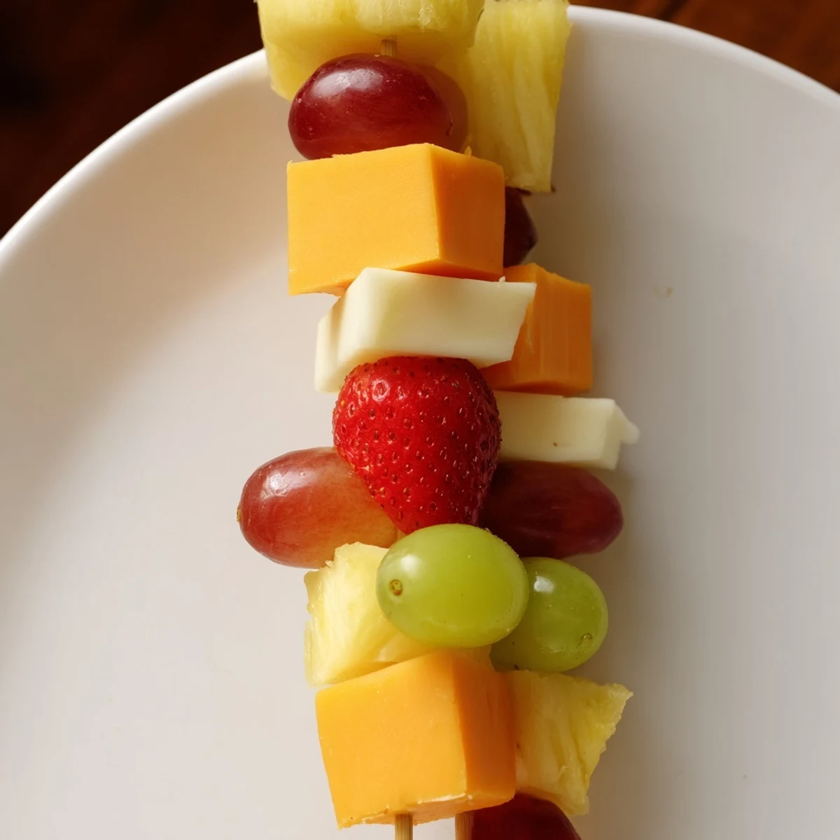 Colorful fruit and cheese kabobs arranged on a platter with red grapes, pineapple, and cheddar cubes