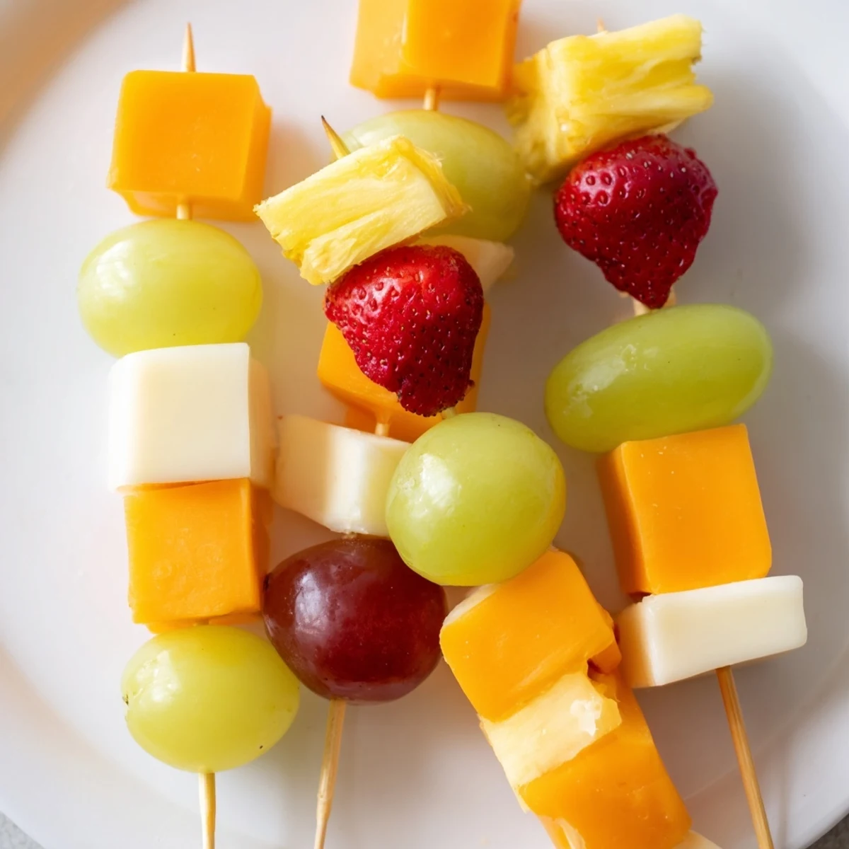 Fresh fruit and cheese kabobs featuring strawberries, grapes, and creamy Monterey Jack on wooden skewers