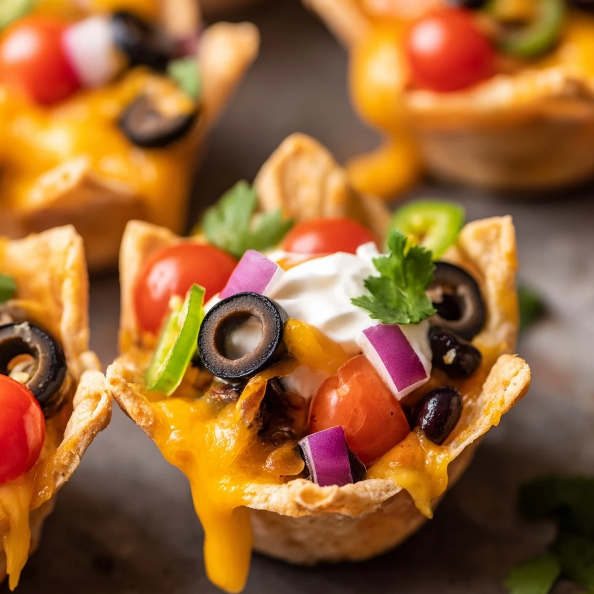 Golden cheesy nacho cups bubbling with melted cheddar and fresh colorful toppings in muffin tin