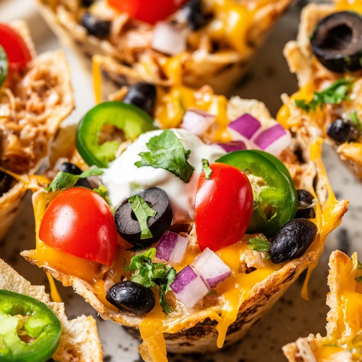Crispy tortilla cups overflowing with gooey melted cheese and zesty nacho toppings ready to serve