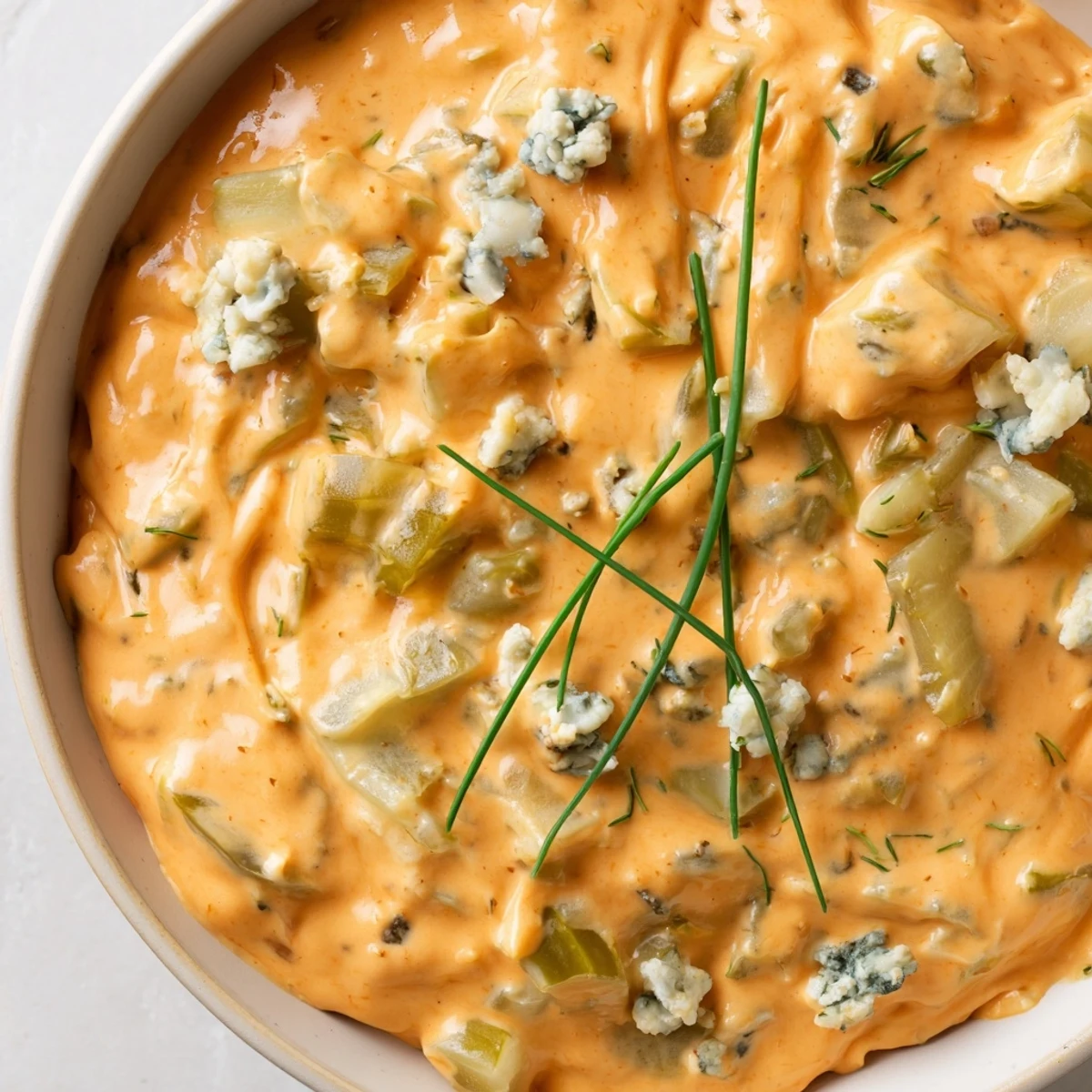 Creamy buffalo pickle dip in a serving bowl with tortilla chips arranged around the edge