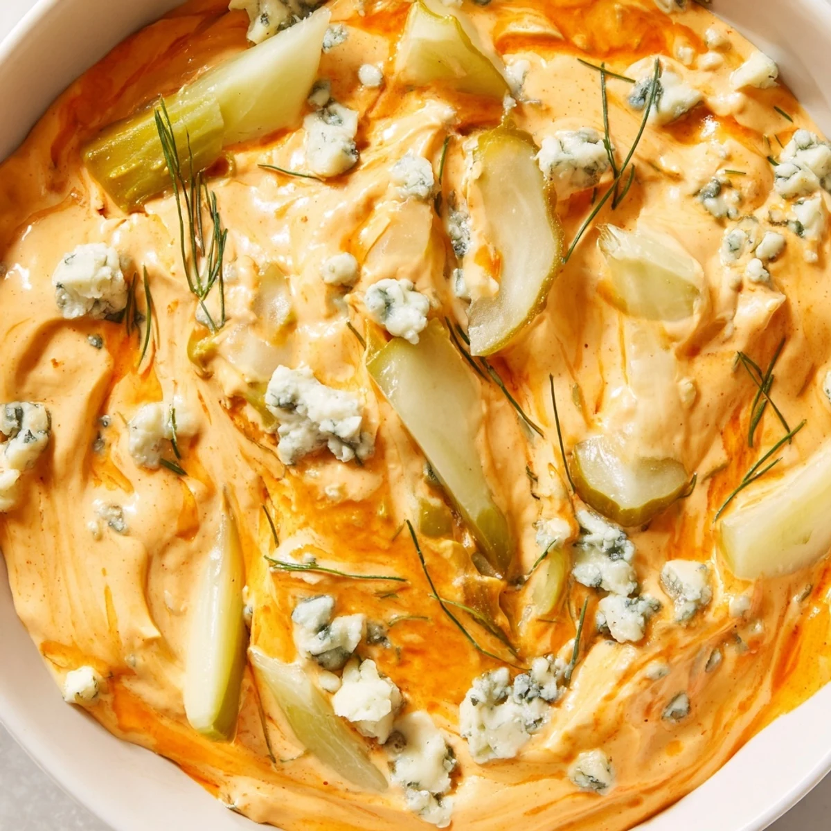 Tangy buffalo pickle dip topped with fresh chives and sliced pickle garnish on game day