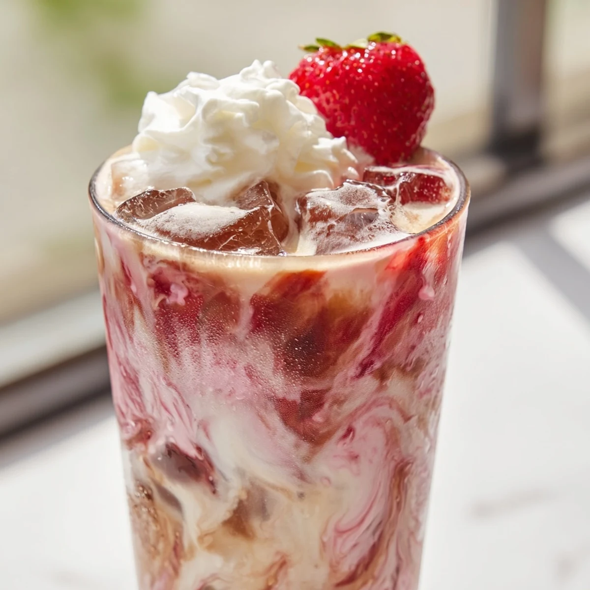 Creamy strawberry latte layered over ice with rich espresso and fresh berry swirls