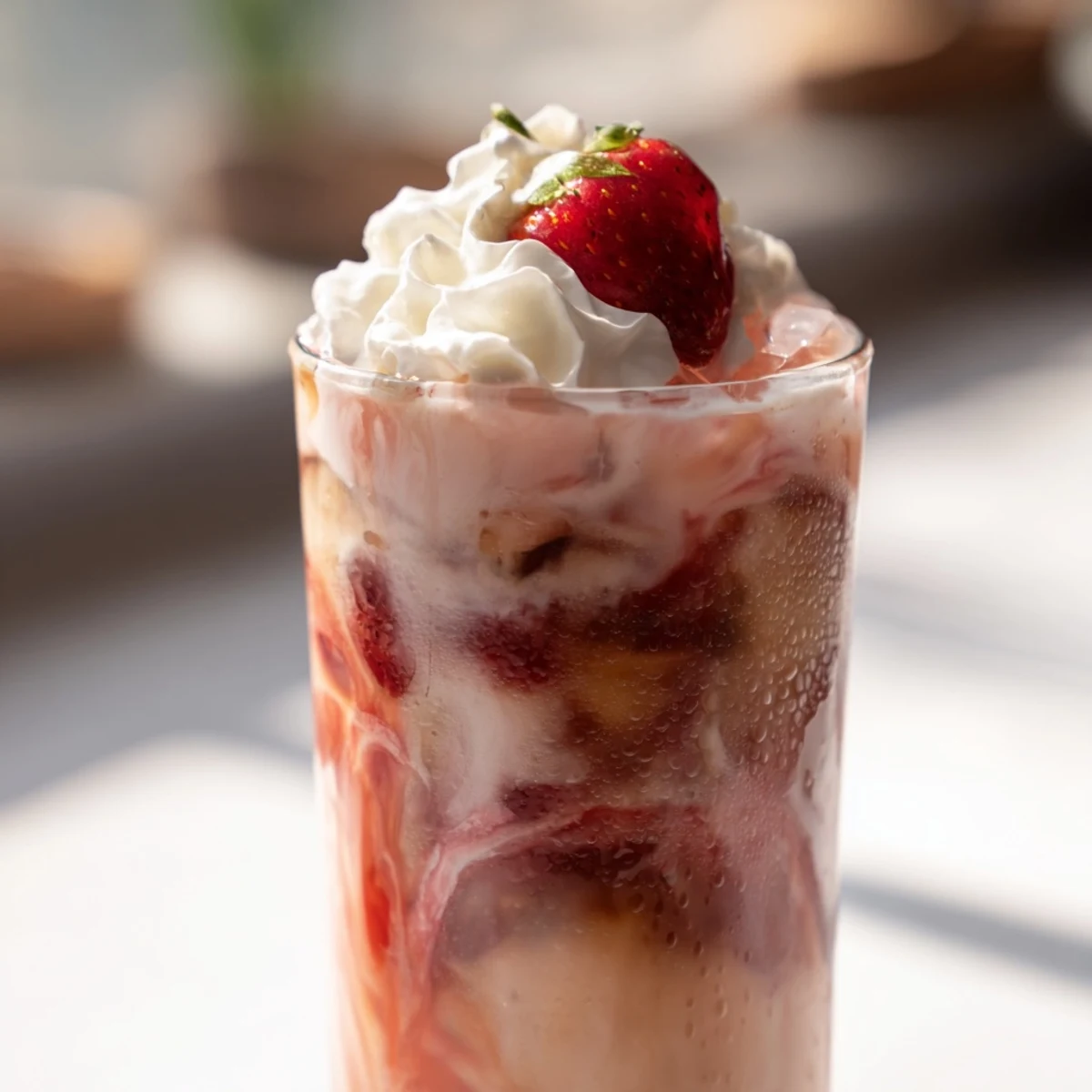 Refreshing strawberry cream cold latte topped with fluffy whipped cream and strawberry garnish