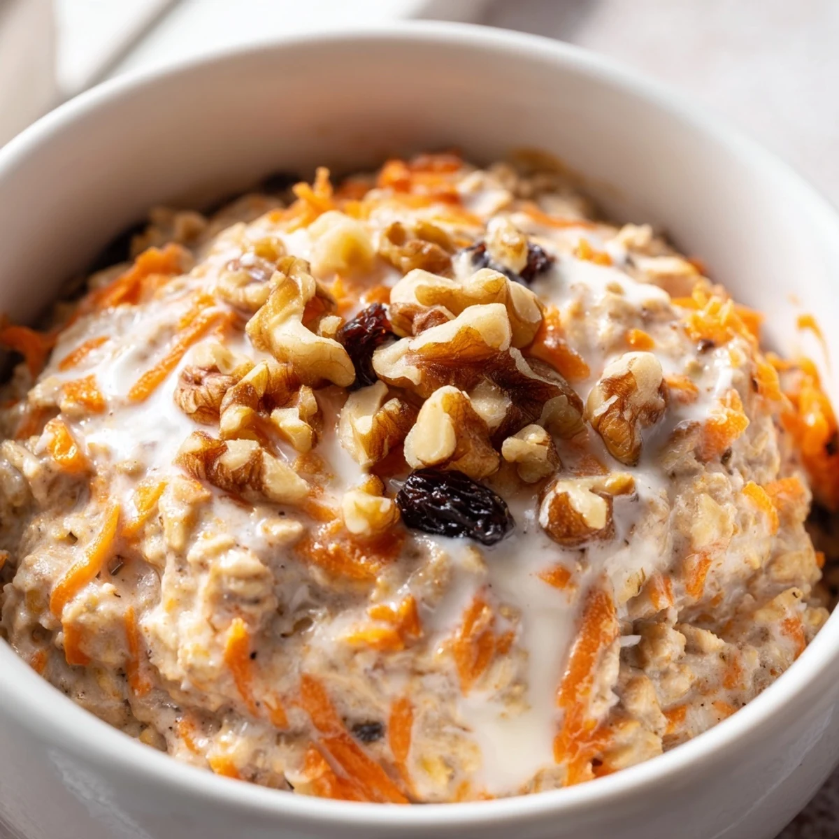 Creamy carrot cake overnight oats topped with crunchy walnuts in a glass jar