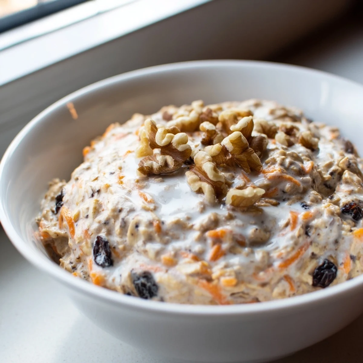 Carrot cake overnight oats with grated carrots, raisins, and a cinnamon sprinkle