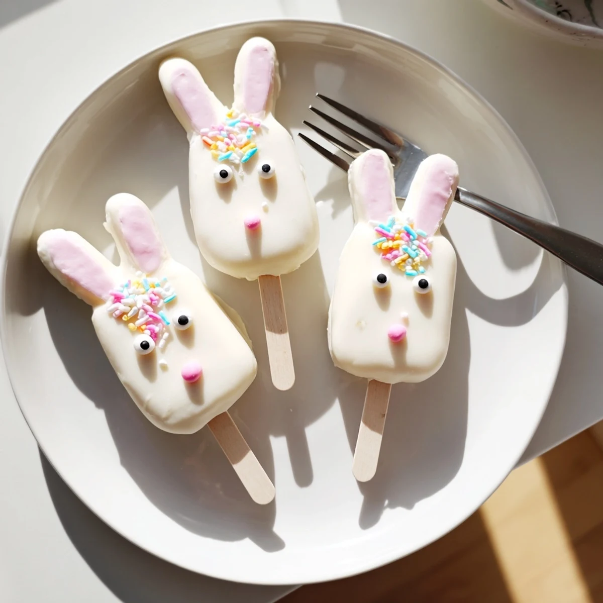 Adorable white chocolate bunny cakesicles decorated with candy eyes and pink ears