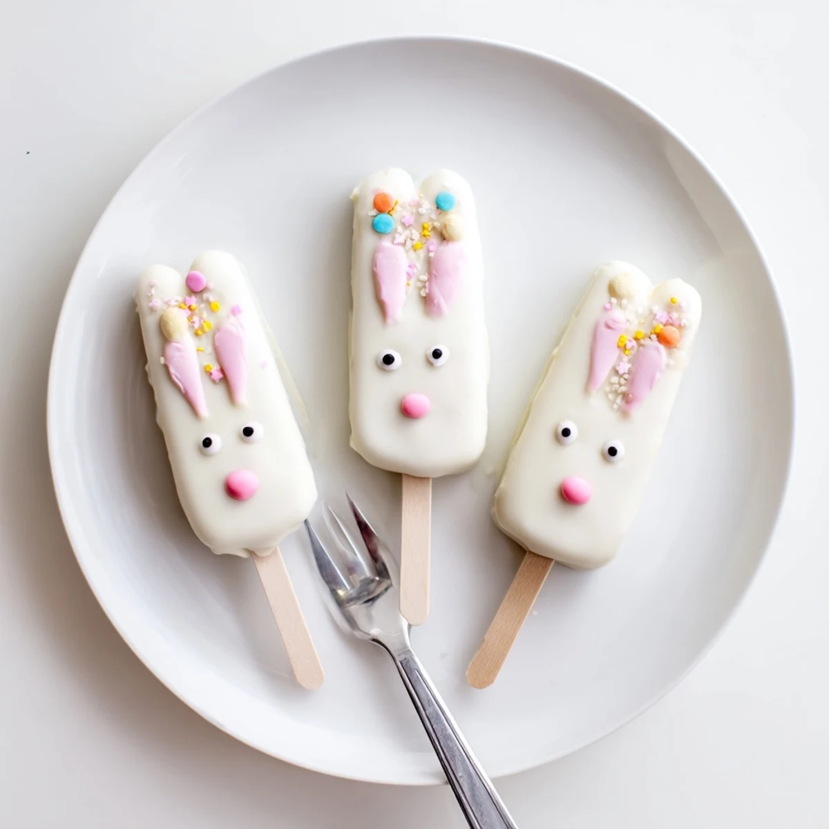 Homemade bunny cakesicles dipped in smooth white chocolate with cute fondant decorations