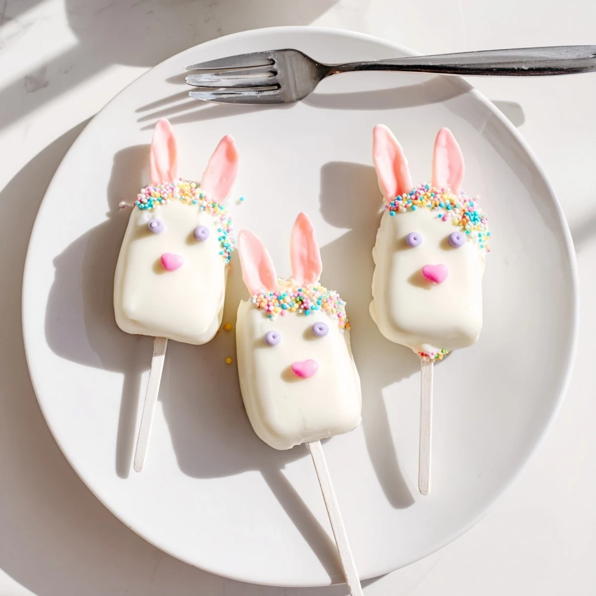 Creamy white chocolate bunny cakesicles on sticks with festive Easter sprinkles