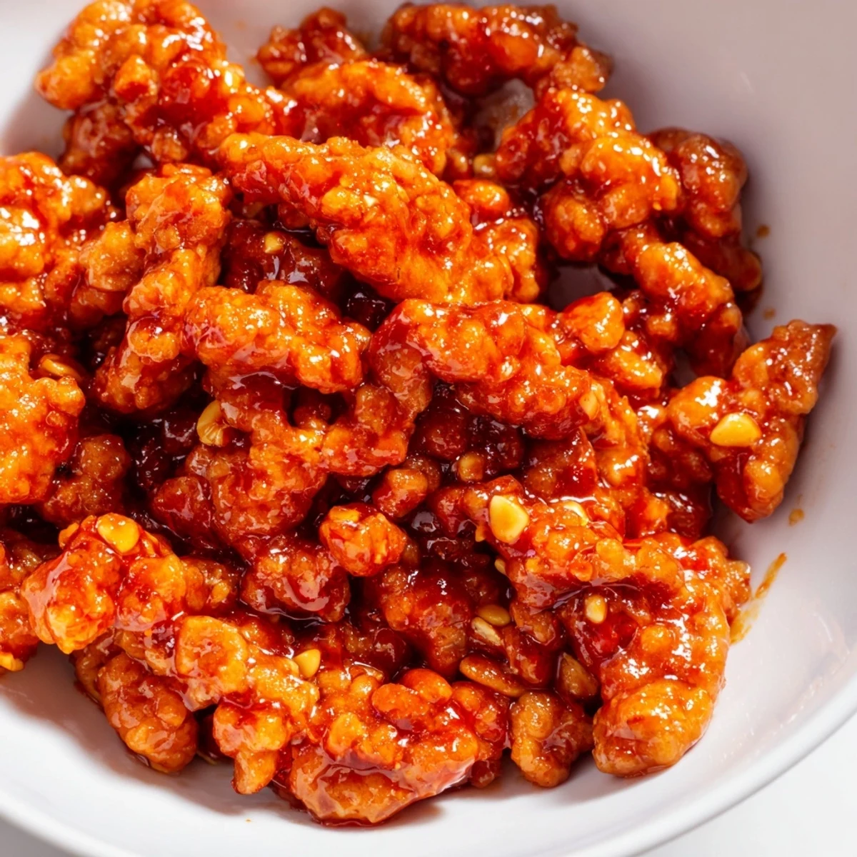 Firecracker ground chicken bowls with crisp vegetables and spicy sauce in white ceramic dish