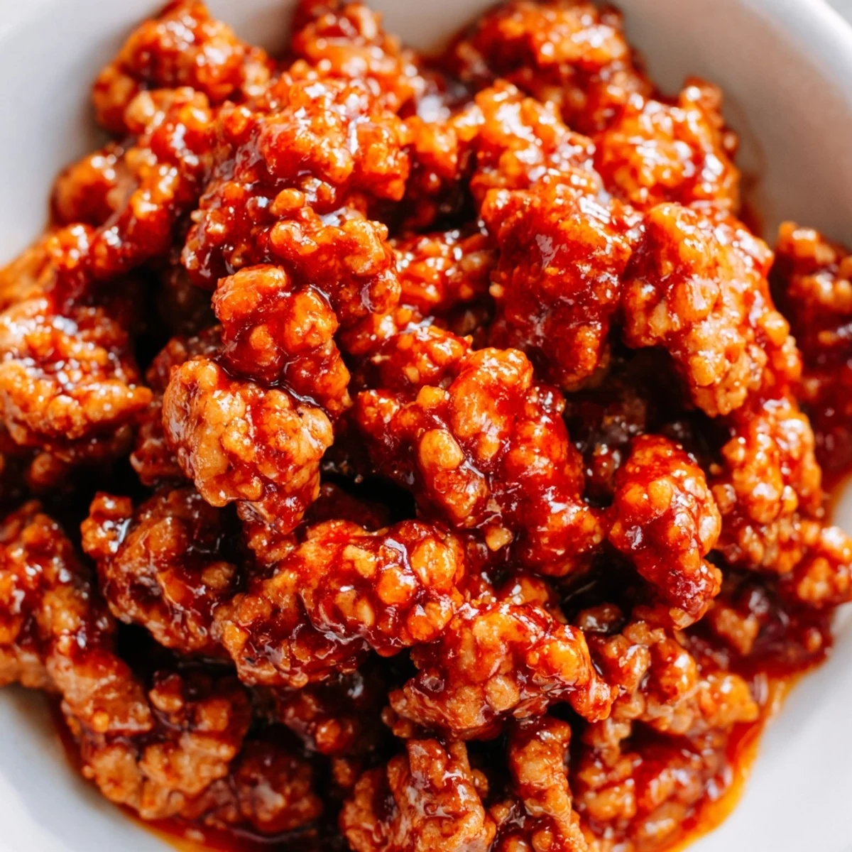 Colorful firecracker ground chicken bowls topped with fresh cucumber carrots and sesame seeds