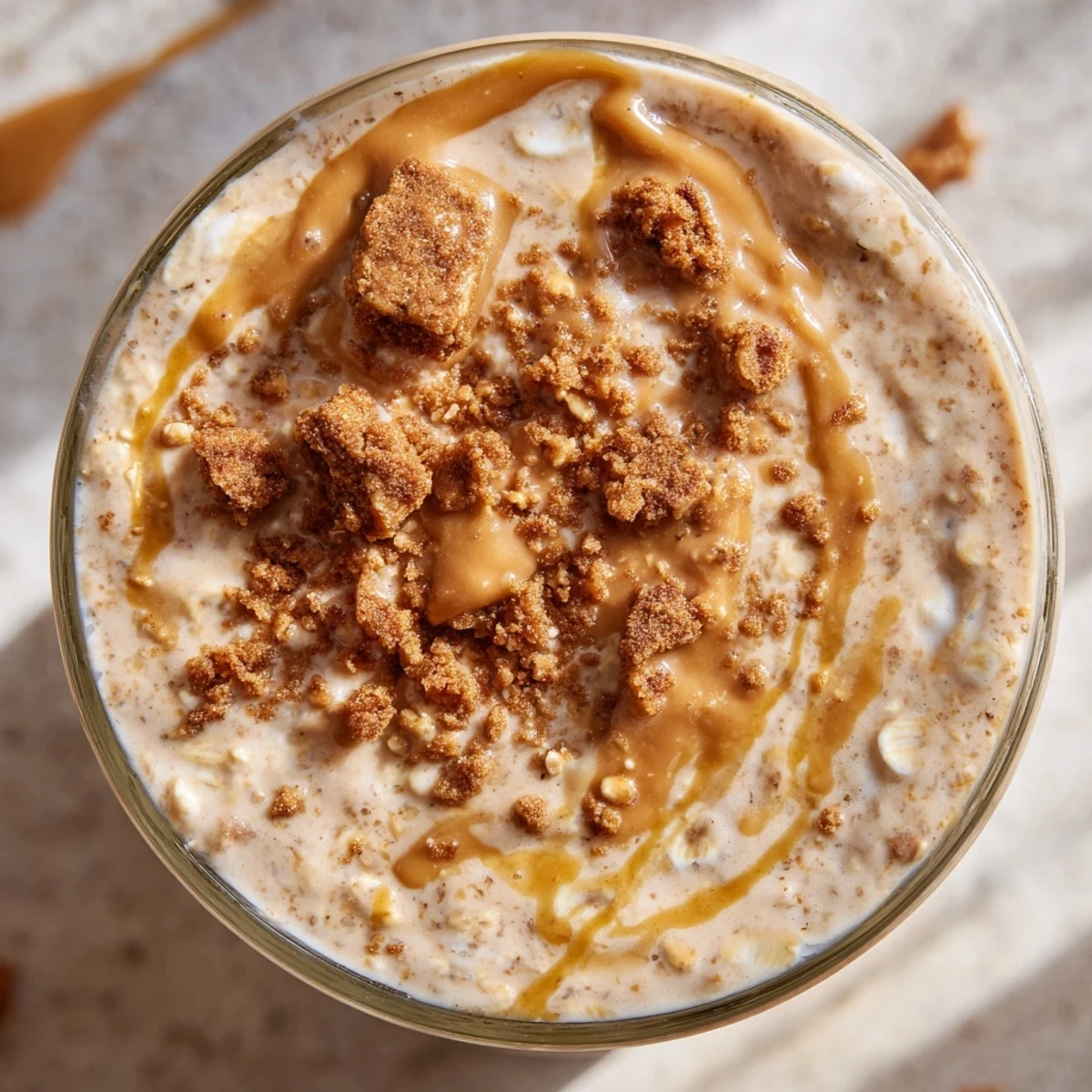 Creamy Biscoff overnight oats in a jar topped with crushed cookie pieces and caramel drizzle