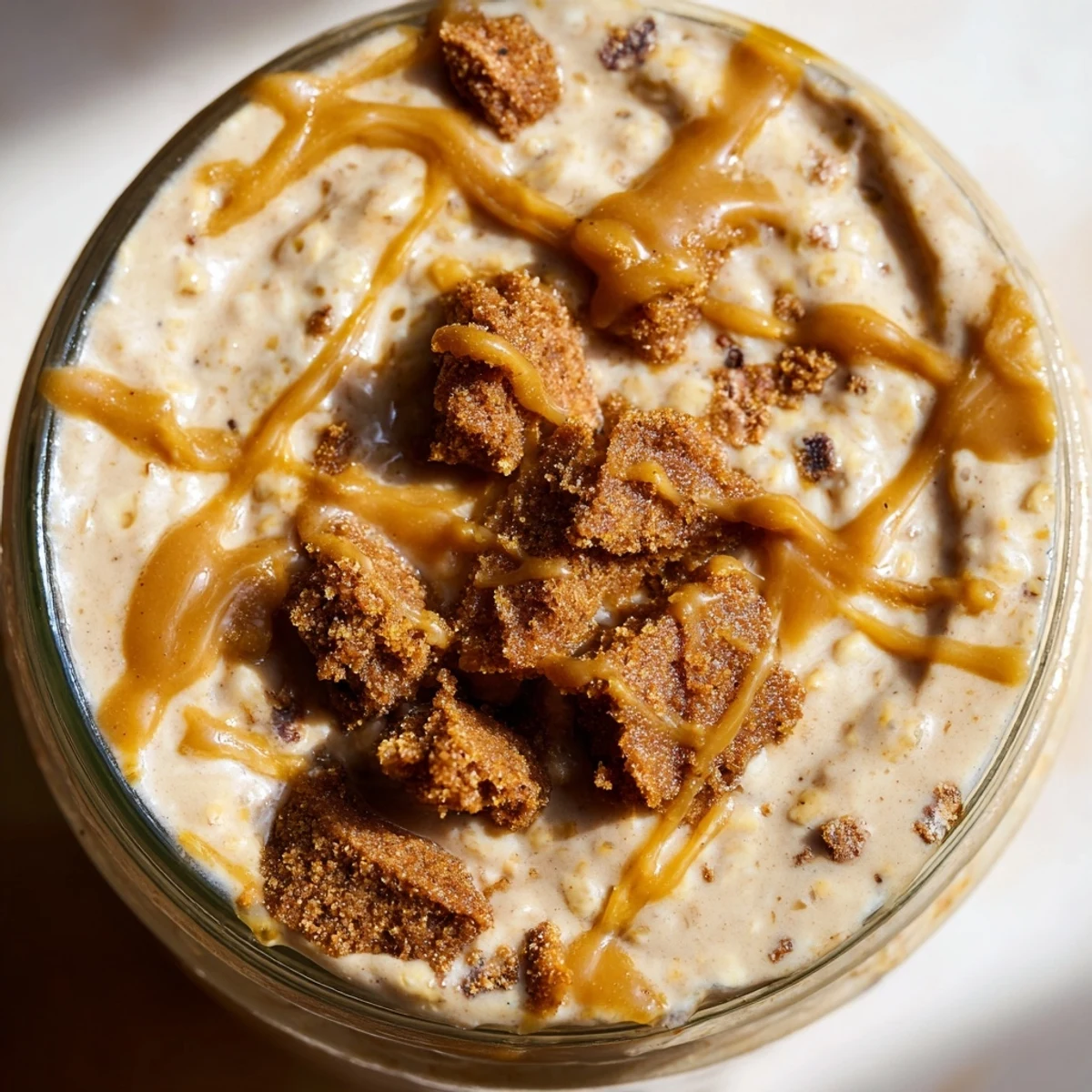 Biscoff overnight oats swirled with spiced cookie butter and topped with crunchy crumbles