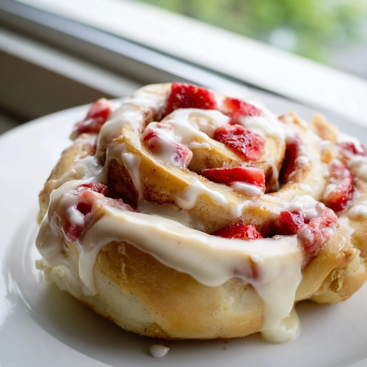 Golden strawberry cinnamon rolls dripping with cream cheese glaze on a white plate