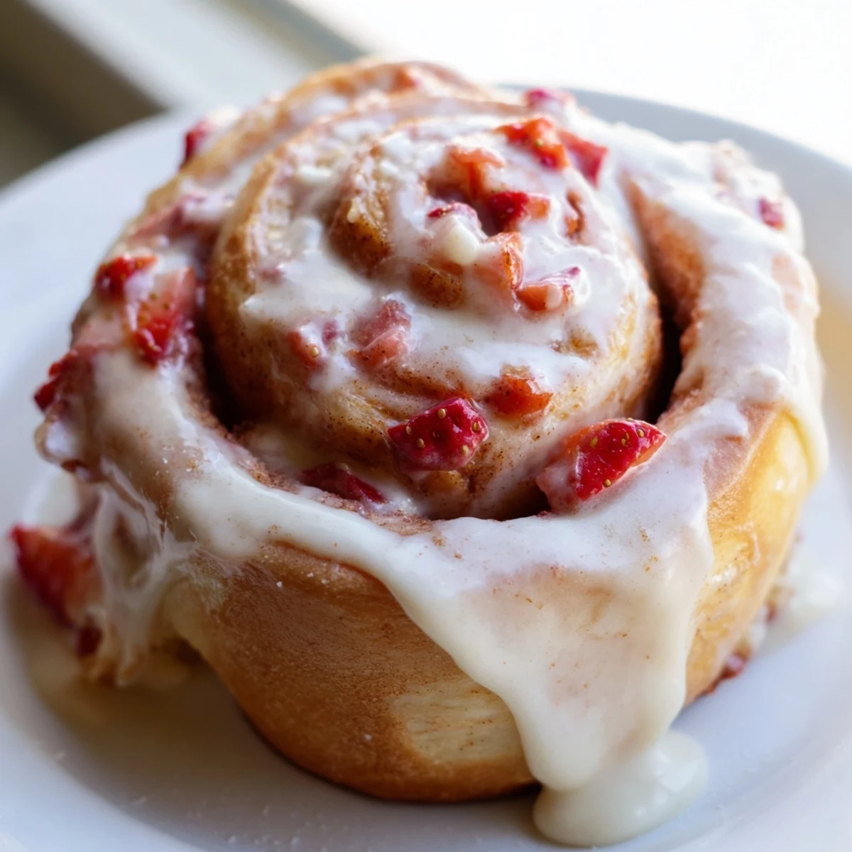 Fresh strawberry cinnamon rolls with swirls of sweet filling ready for weekend brunch