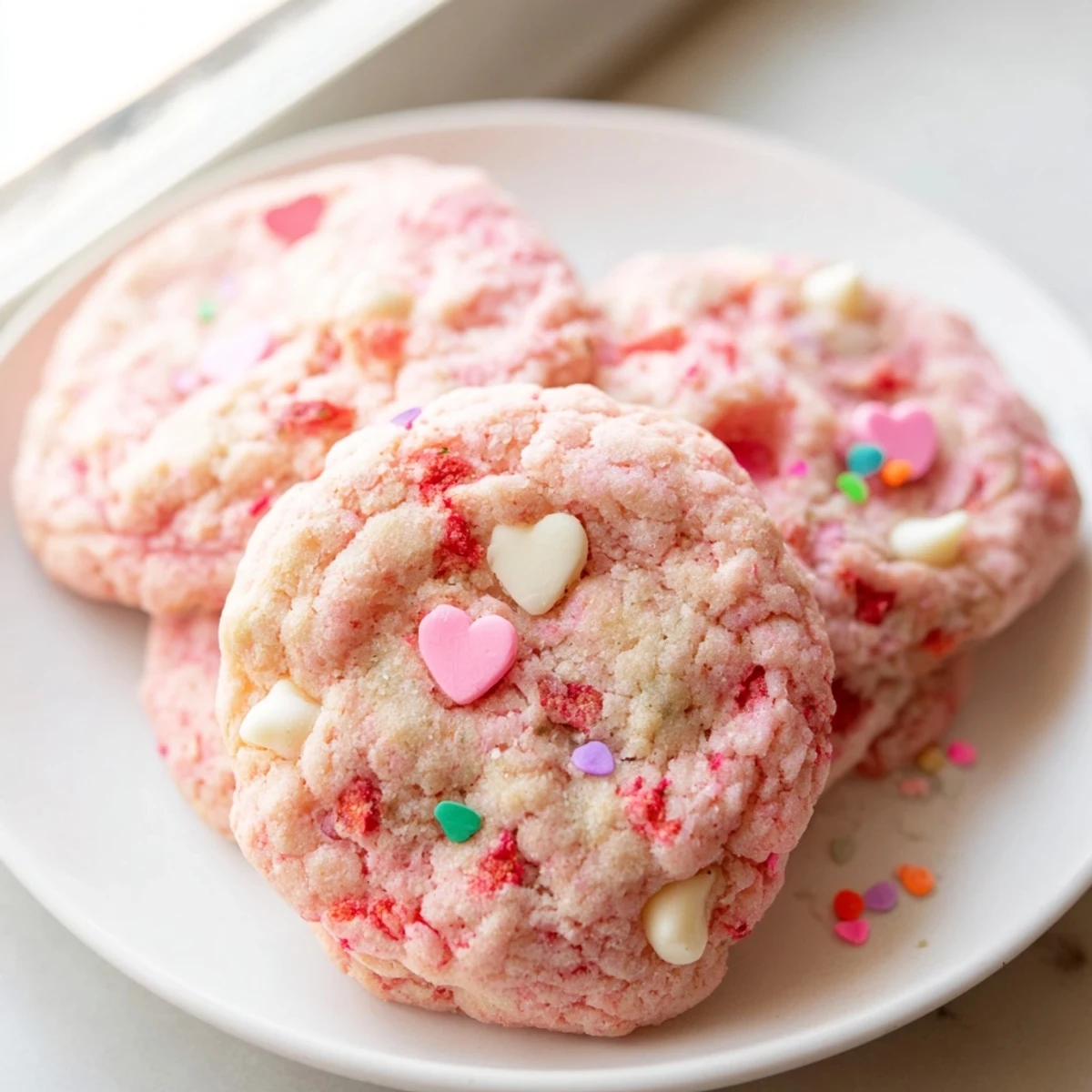 Soft pink Valentine strawberry cookies with white chocolate chips arranged on a rustic baking sheet