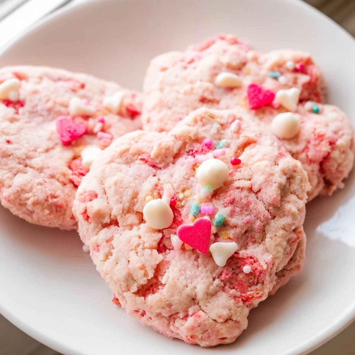 Chewy Valentine strawberry cookies topped with heart-shaped sprinkles perfect for romantic holiday dessert